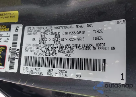2016 Toyota Tundra Sr5 5.7L V8 from USA, damaged, VIN 5TFEW5F18GX196272
